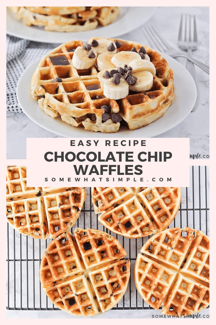 These fluffy and crisp chocolate chip waffles are the perfect sweet treat to make breakfast extra special! Made from scratch, these homemade waffles are simple to make and so delicious! These waffles are perfect for celebrating that special occasion or just making a Sunday breakfast extra sweet! via @somewhatsimple