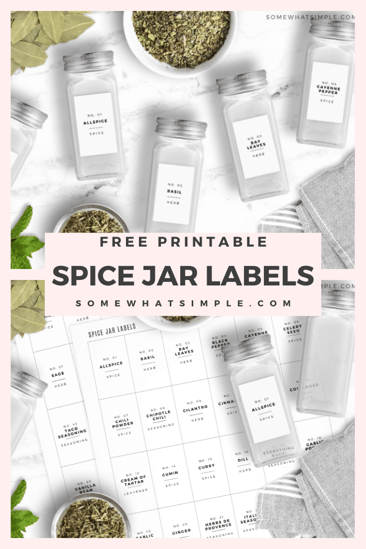 Get ready for a spice rack overhaul using our printable spice jar labels! It's time to create an organized spice rack that looks amazing! Download these free printable spice jar templates and in a few minutes your pantry is going to look pretty and you'll be able to find what you're looking for. via @somewhatsimple
