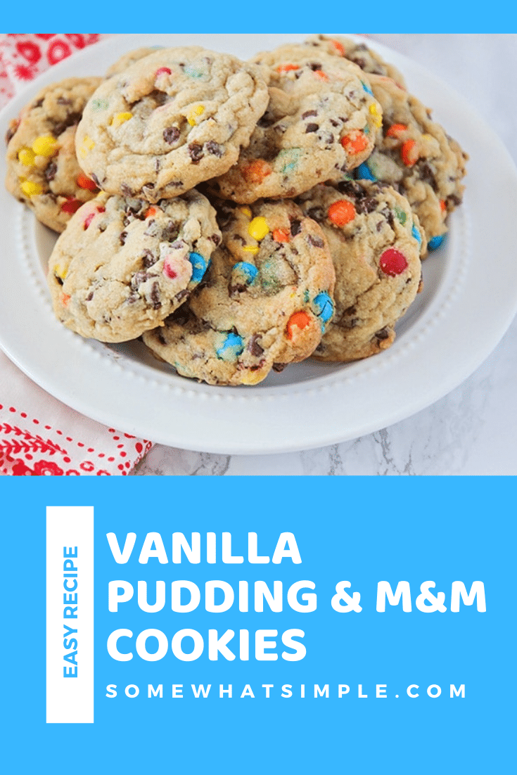 These soft and chewy M&M chocolate chip pudding cookies are so easy to make! Made with vanilla pudding, M&Ms and chocolate chips, these cookies are irresistable! Plus, they turn out soft and delicious every time. via @somewhatsimple