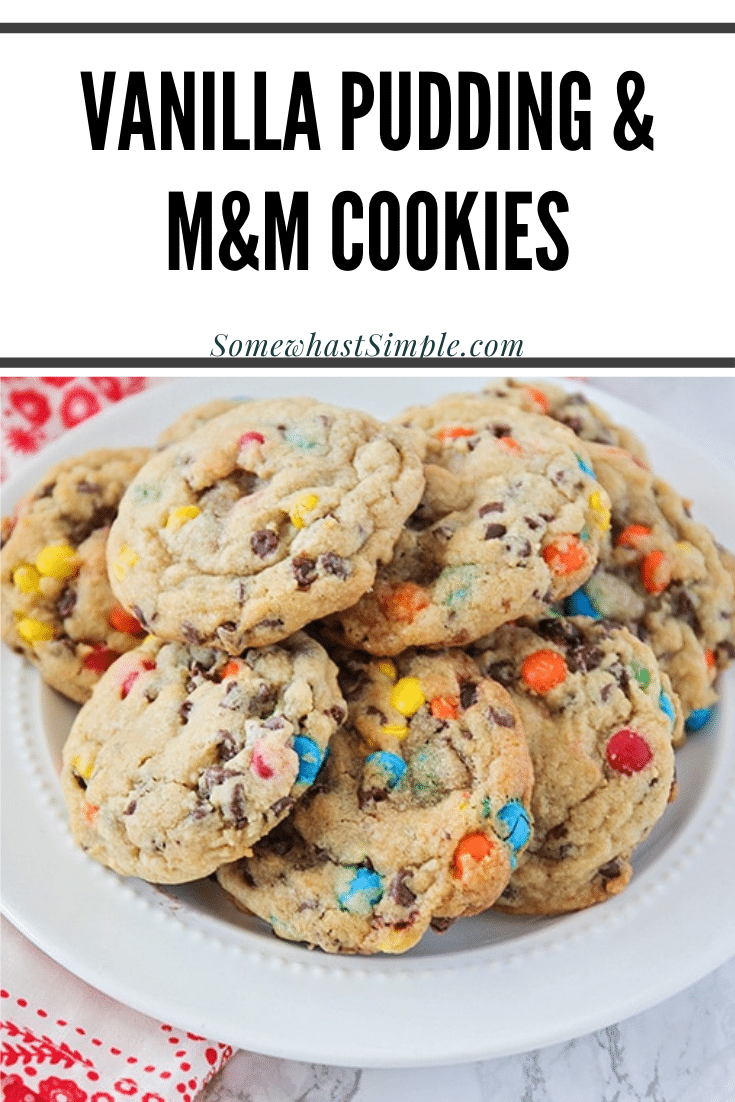 These soft and chewy M&M chocolate chip pudding cookies are so easy to make! Made with vanilla pudding, M&Ms and chocolate chips, these cookies are irresistable! Plus, they turn out soft and delicious every time. via @somewhatsimple