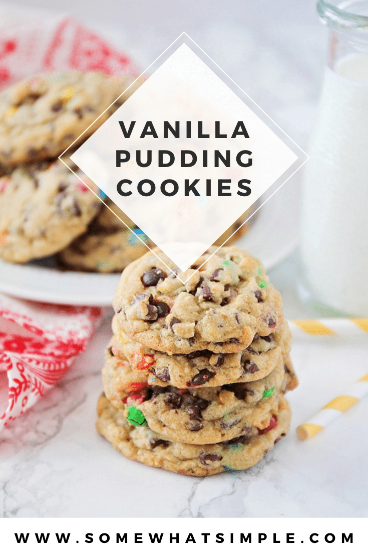 These soft and chewy M&M chocolate chip pudding cookies are so easy to make! Made with vanilla pudding, M&Ms and chocolate chips, these cookies are irresistable! Plus, they turn out soft and delicious every time. via @somewhatsimple