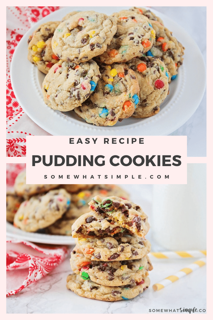 These soft and chewy M&M chocolate chip pudding cookies are so easy to make! Made with vanilla pudding, M&Ms and chocolate chips, these cookies are irresistable! Plus, they turn out soft and delicious every time. via @somewhatsimple