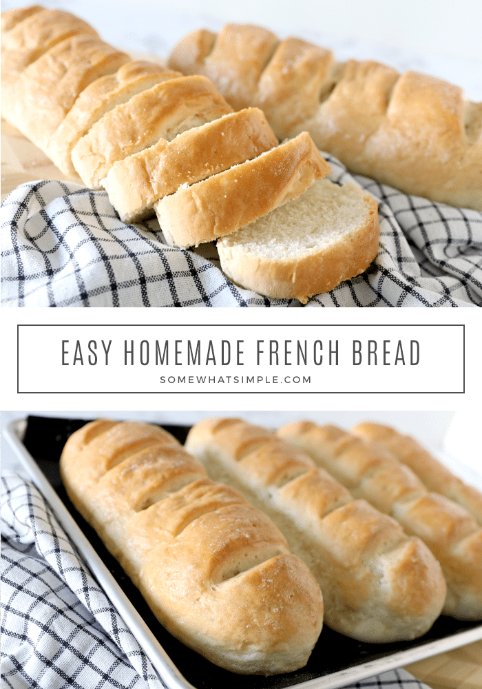 With a crispy crust and soft inside, this homemade French Bread comes together in about an hour and it tastes amazing! This classic bread recipe is perfect for any dinner or goes great with a little garlic butter. This recipe is so easy, it turns out perfectly every time. via @somewhatsimple