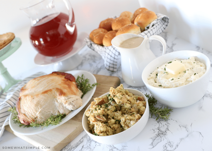 thanksgiving side dishes spread out on a counter