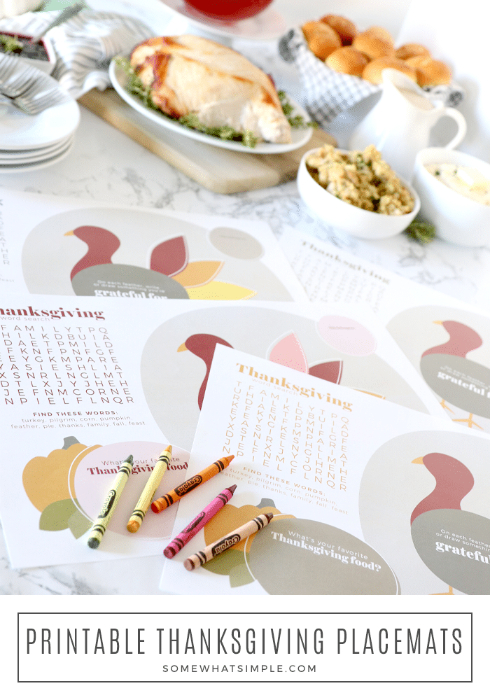 Celebrate Thanksgiving this year with a simple spread of delicious foods, and darling printable Thanksgiving placemats for the kids! via @somewhatsimple