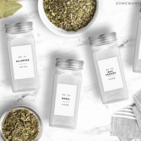 glass spice jars with white labels