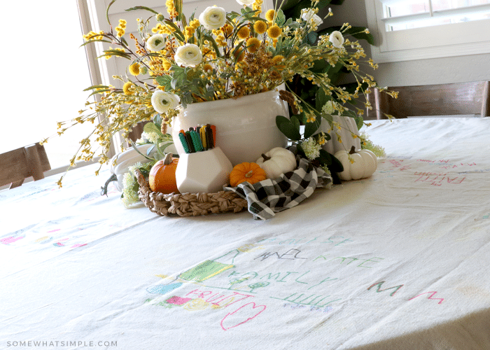 DIY Thanksgiving tablecloth made from a drop cloth