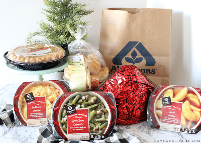 christmas dinner from albertsons - food on the counter with shopping bag