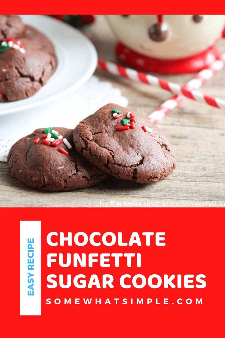 These holiday funfetti chocolate sugar cookies are half cookie, half brownie and they are super simple to make! These cookies turn out soft and fluffy and are the perfect Christmas treat. via @somewhatsimple