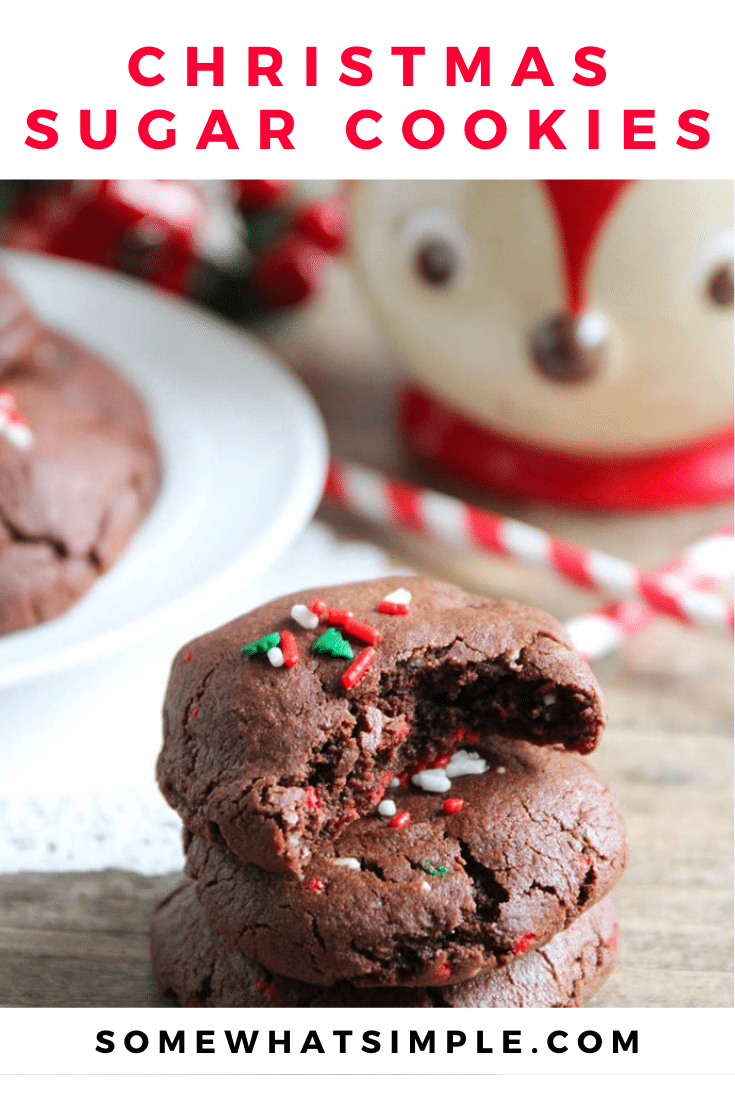 These holiday funfetti chocolate sugar cookies are half cookie, half brownie and they are super simple to make! These cookies turn out soft and fluffy and are the perfect Christmas treat. via @somewhatsimple
