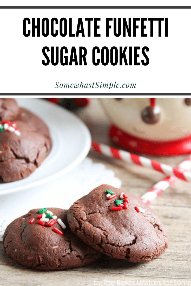 These holiday funfetti chocolate sugar cookies are half cookie, half brownie and they are super simple to make! These cookies turn out soft and fluffy and are the perfect Christmas treat. via @somewhatsimple