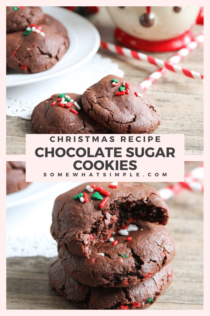 These holiday funfetti chocolate sugar cookies are half cookie, half brownie and they are super simple to make! These cookies turn out soft and fluffy and are the perfect Christmas treat. via @somewhatsimple