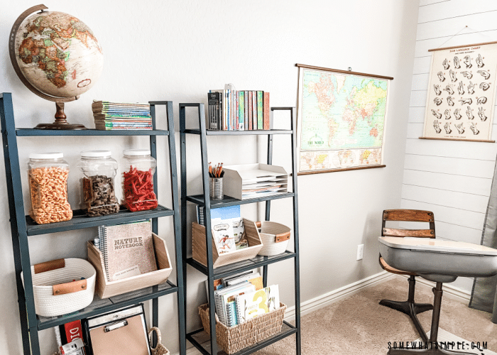 bookshelf in homeschool room