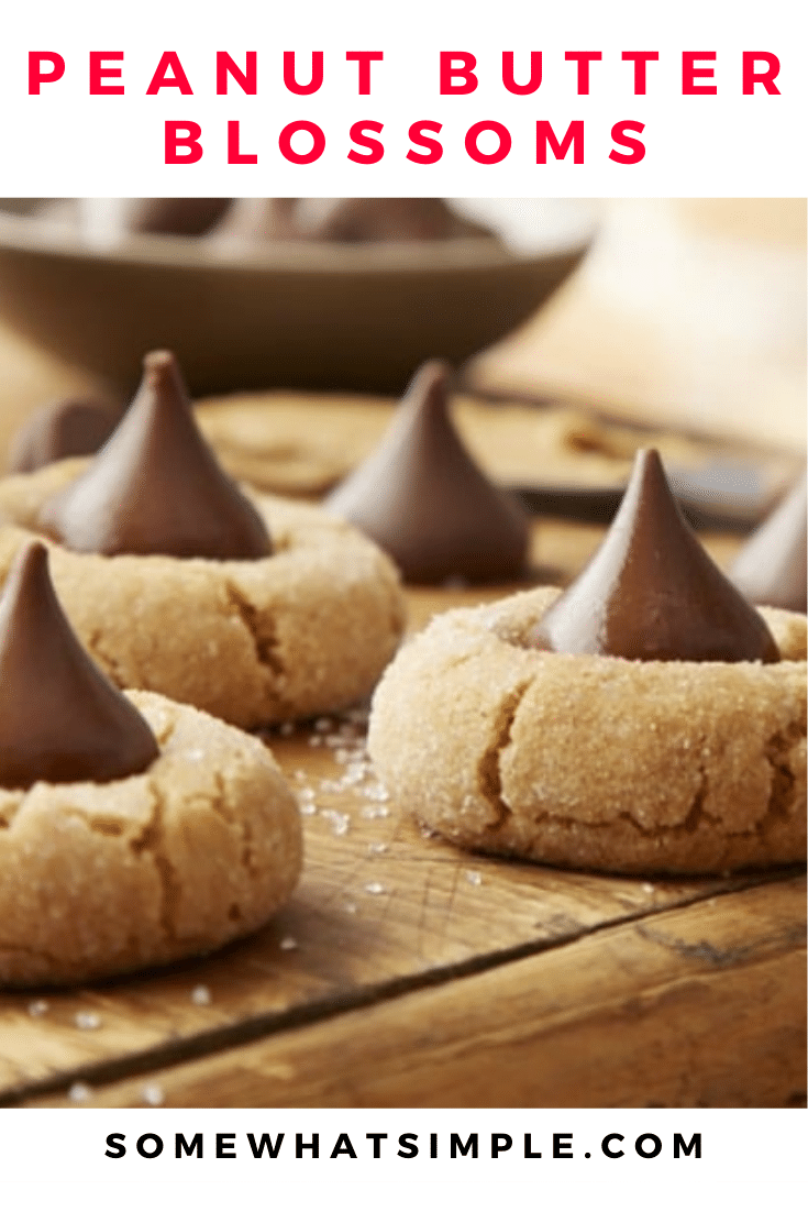 Peanut butter blossoms are an easy holiday cookie recipe that are filled with the delicious combination of peanut butter and chocolate. These cookies are made with just a few simple ingredients and make the perfect holiday dessert. via @somewhatsimple
