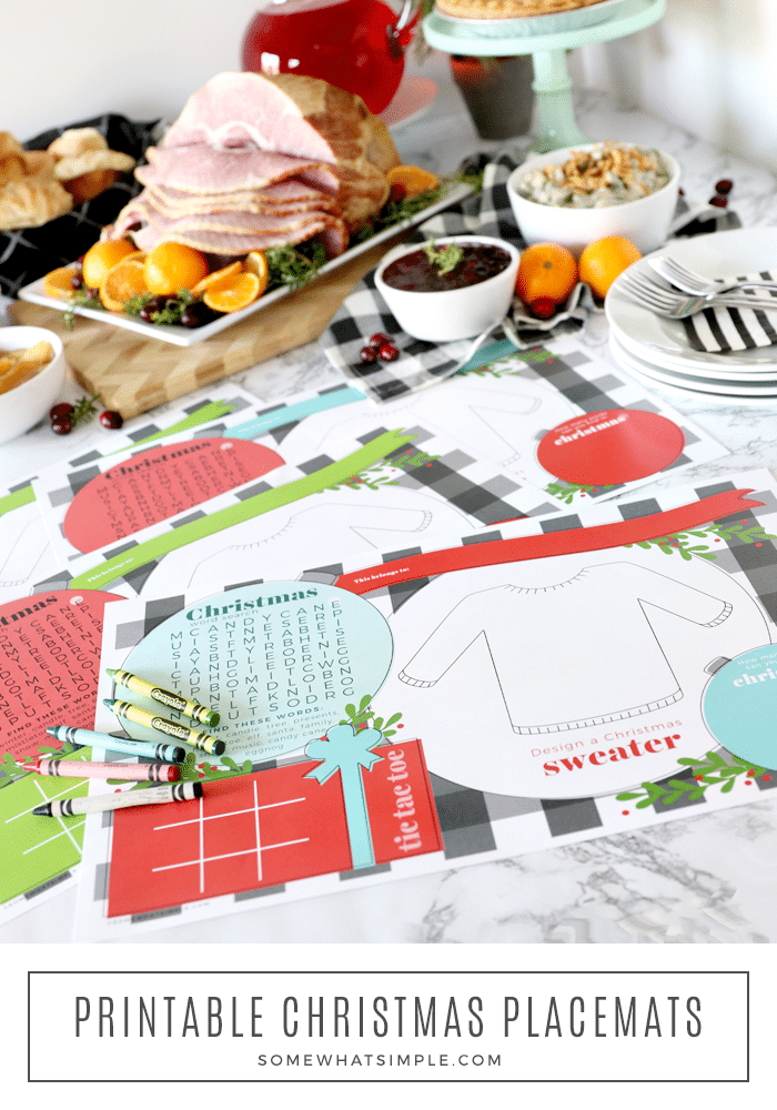 Celebrate Christmas with darling printable Christmas placemats for the kids, and a simple spread of delicious foods the whole family will LOVE! #christmas #printable #free #placemat via @somewhatsimple