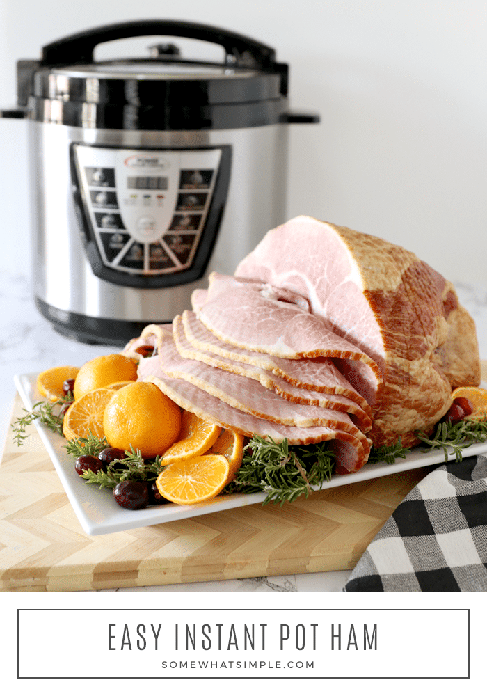 This Instant Pot ham recipe is a quick and easy way to cook ham without having to wait hours for it to bake.  Now you can enjoy a delicious ham dinner any night in a fraction of the time!  After it's done cooking the pressure cooker, top it with a mouth watering brown sugar glaze and it's ready to eat. #instantpotham via @somewhatsimple