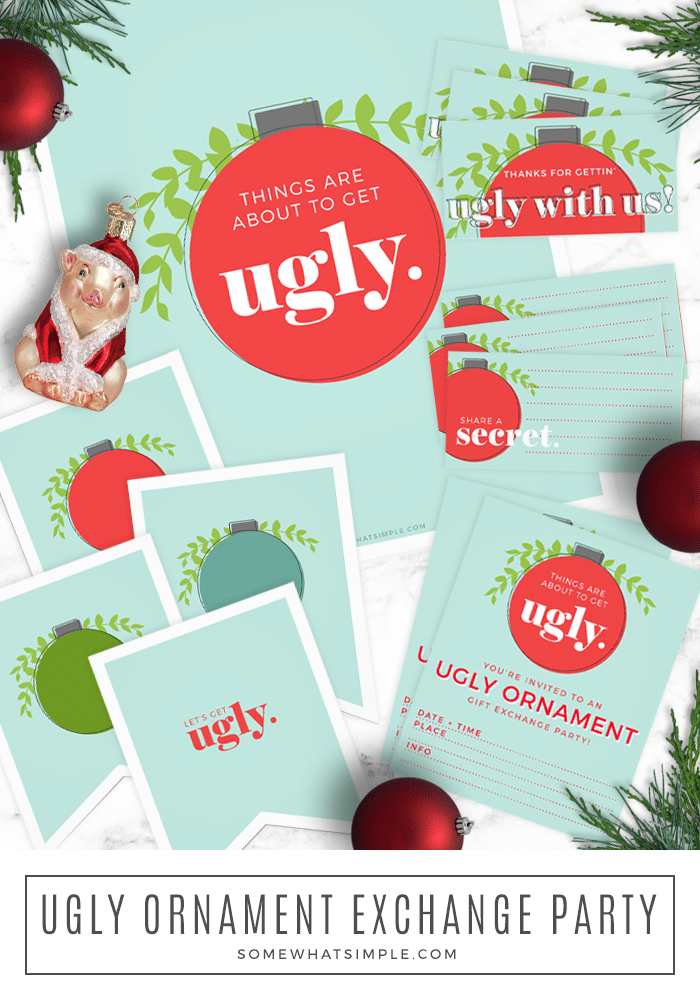 Invitations, party favors and rules for a hilarious game, here's how to plan the BEST Ugly Ornament Exchange Party to celebrate this holiday season! #christmaspartyidea #uglyornamentexchange #christmasgame #ornamentexchange via @somewhatsimple