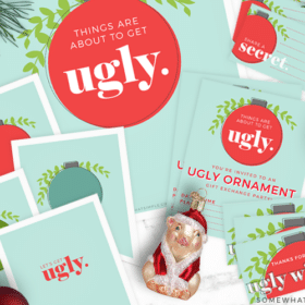 invitations, party favors and decor for an ugly ornament exchange party