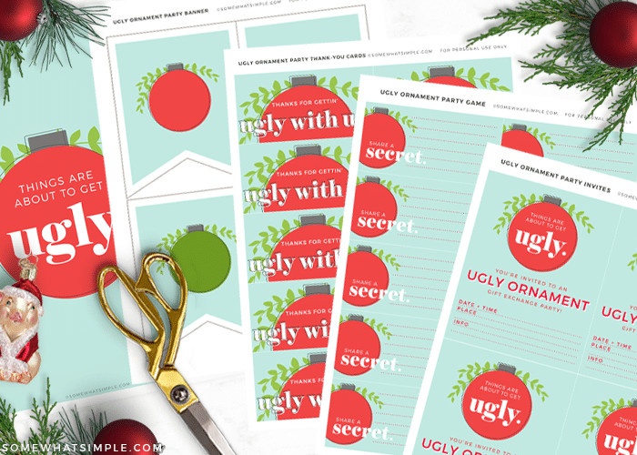 printable invitations for an ornament exchange party on a white counter with gold scissors