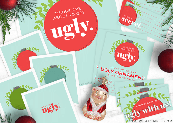 invitations, party favors and decor for an ugly ornament exchange party