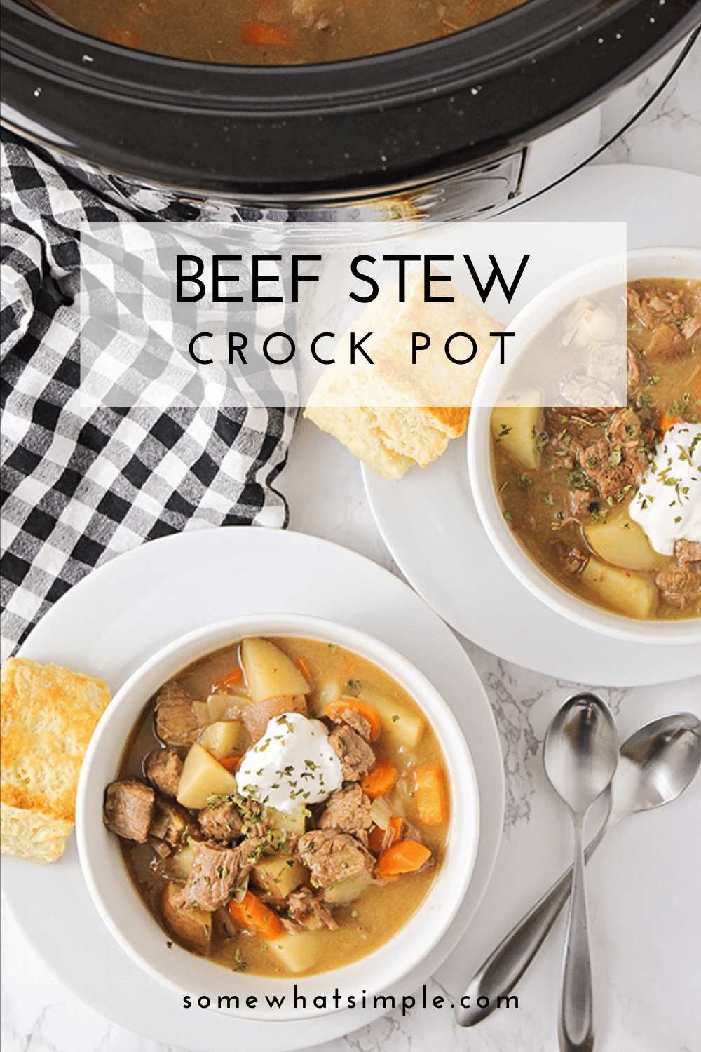 This crock pot beef stew is a savory recipe that is the perfect comfort-food meal.  Made in a slow cooker all day until the beef is incredibly tender and hearty vegetables are bursting with flavor! This dinner recipe is so easy to make, you can enjoy it all year long! via @somewhatsimple