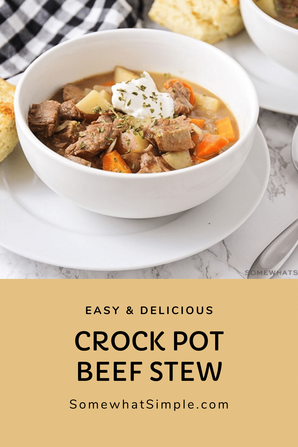 This crock pot beef stew is a savory recipe that is the perfect comfort-food meal.  Made in a slow cooker all day until the beef is incredibly tender and hearty vegetables are bursting with flavor! This dinner recipe is so easy to make, you can enjoy it all year long! via @somewhatsimple