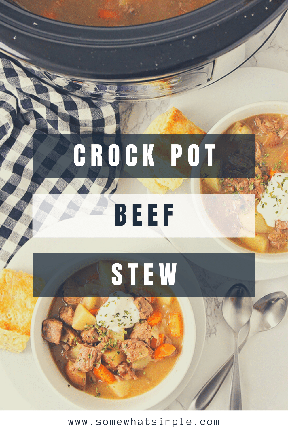 This crock pot beef stew is a savory recipe that is the perfect comfort-food meal.  Made in a slow cooker all day until the beef is incredibly tender and hearty vegetables are bursting with flavor! This dinner recipe is so easy to make, you can enjoy it all year long! via @somewhatsimple