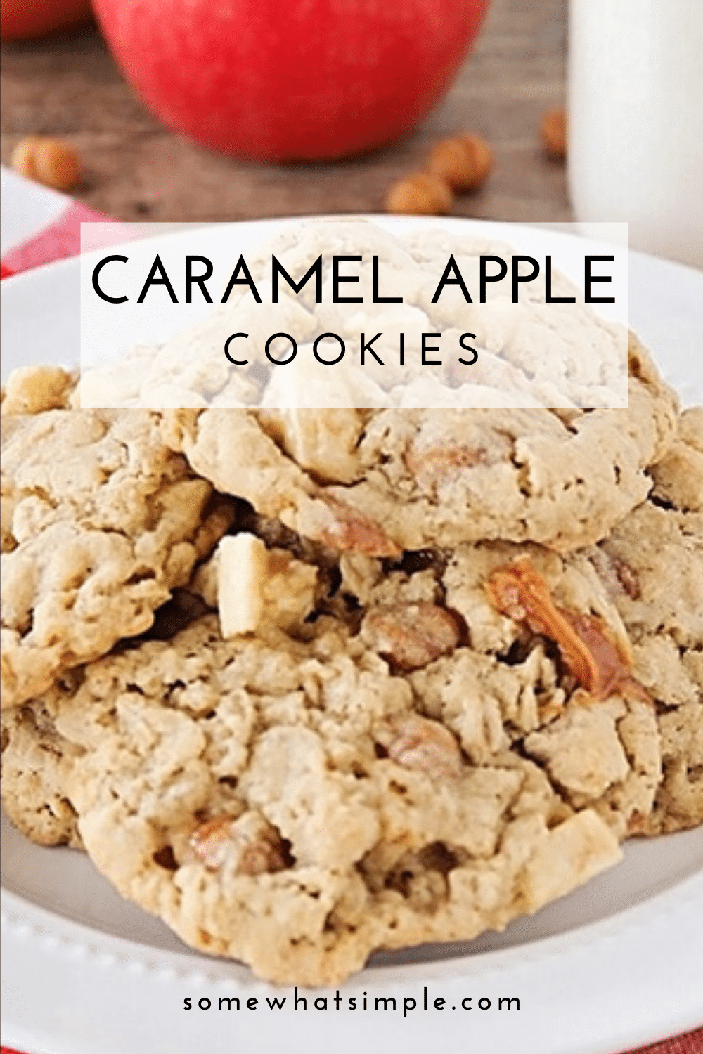 These caramel apple oatmeal cookies are so delicious, and packed with chunks of fresh apple and gooey caramel! These cookies are the perfect recipe for when you want a delicious cookie but also want to try something different. via @somewhatsimple