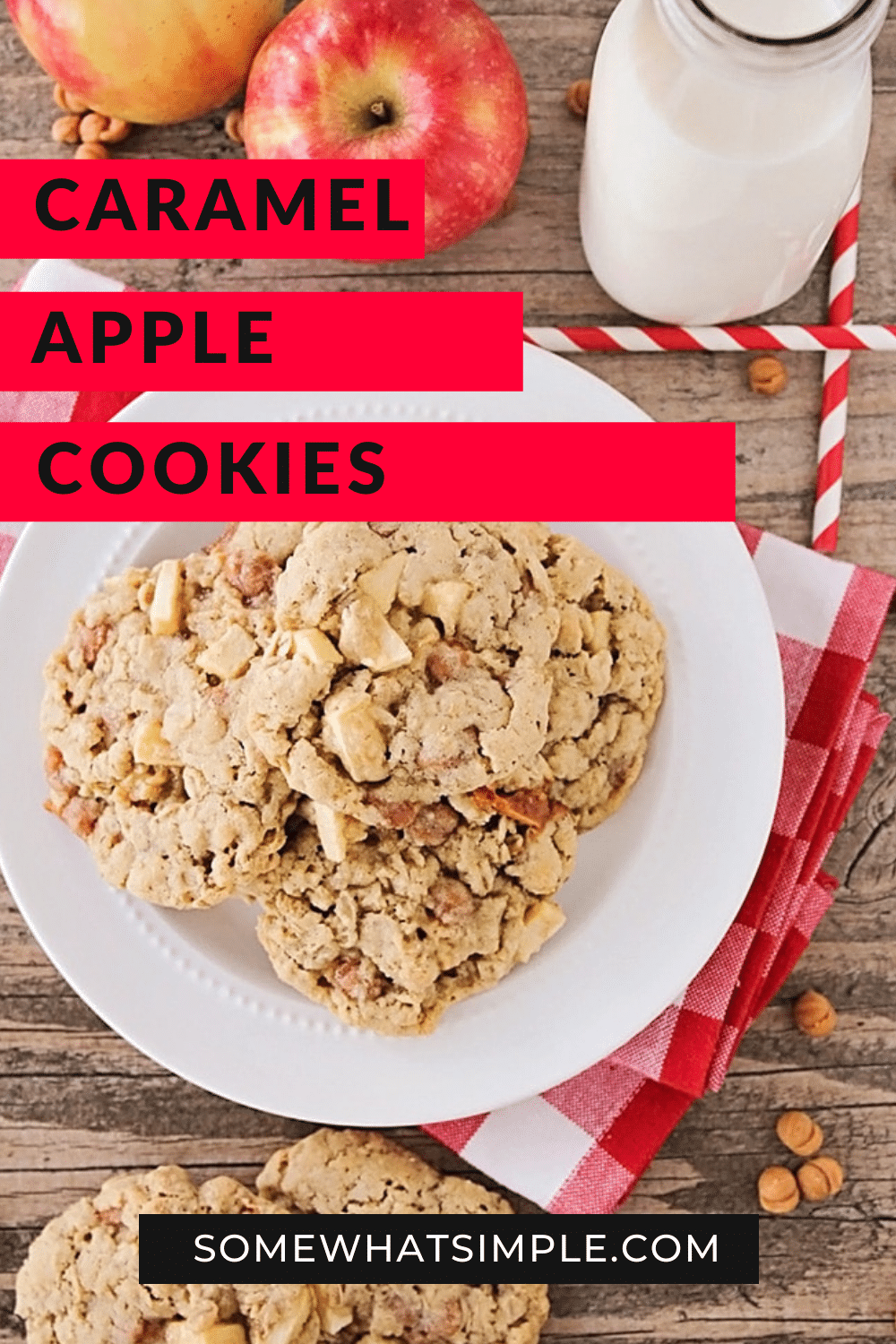 These caramel apple oatmeal cookies are so delicious, and packed with chunks of fresh apple and gooey caramel! These cookies are the perfect recipe for when you want a delicious cookie but also want to try something different. via @somewhatsimple