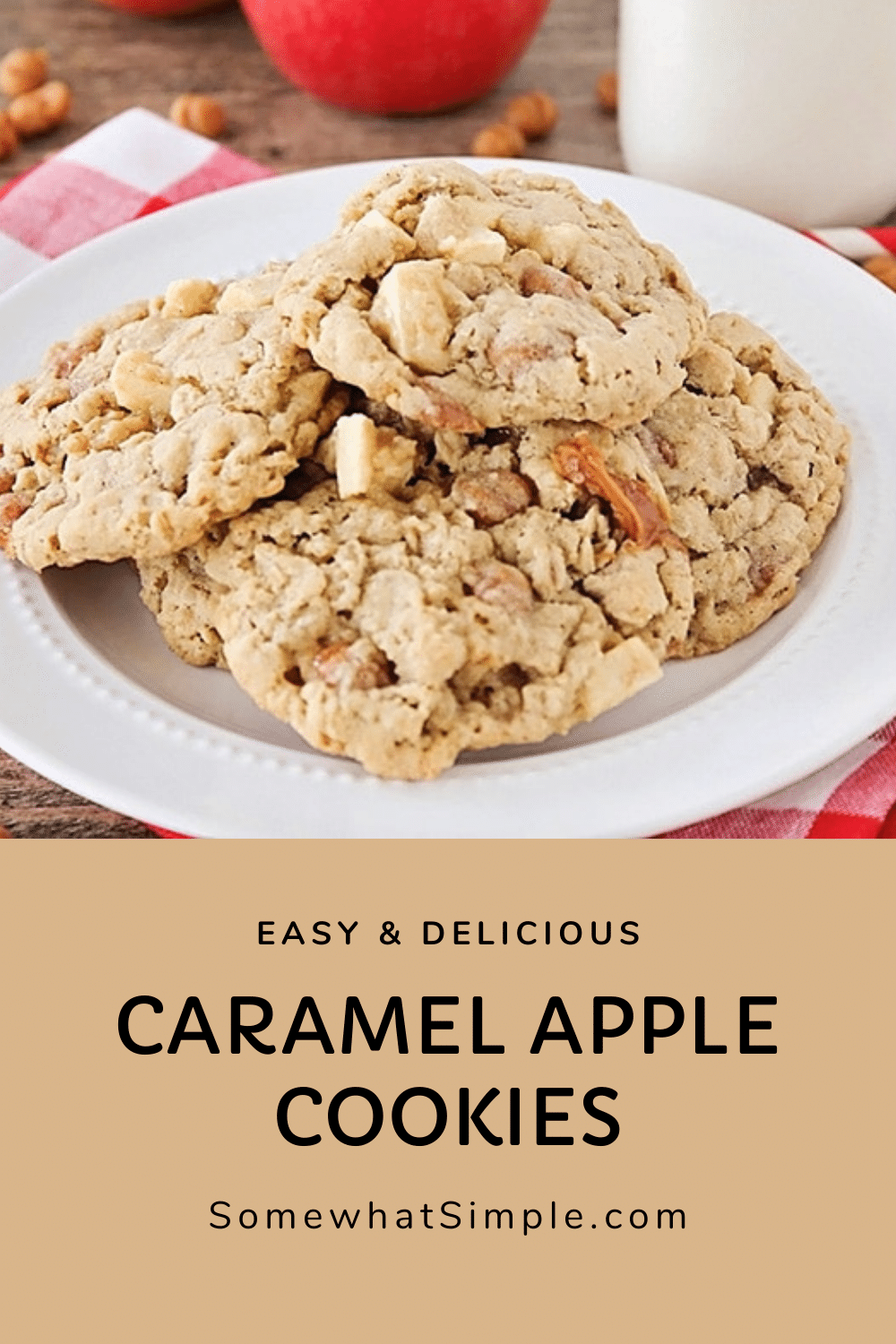 These caramel apple oatmeal cookies are so delicious, and packed with chunks of fresh apple and gooey caramel! These cookies are the perfect recipe for when you want a delicious cookie but also want to try something different. via @somewhatsimple