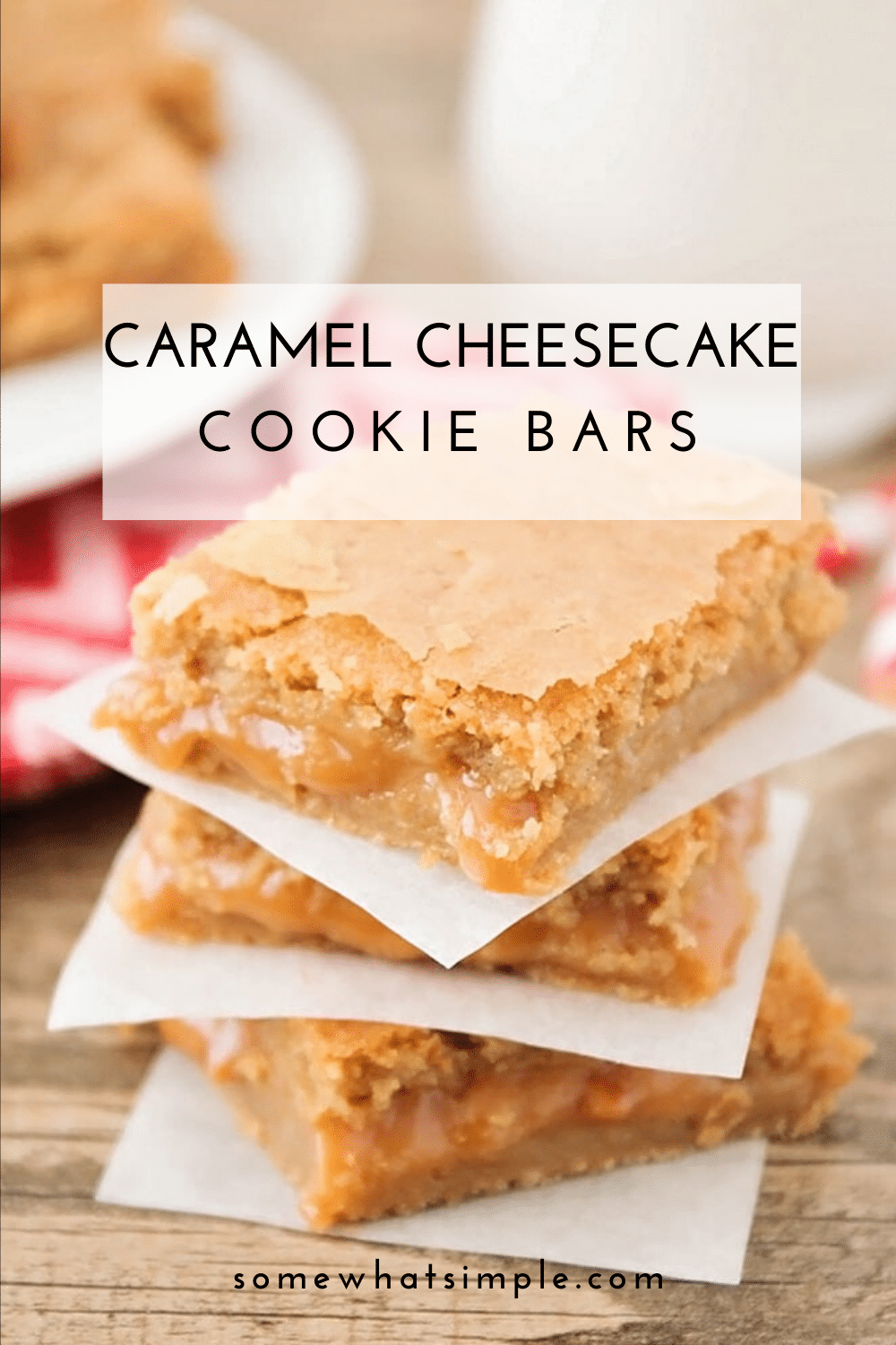 Caramel cheesecake cookie bars are a delicious salty & sweet dessert that's super easy to make! All of the delicious cheesecake flavors drizzled with caramel, all in an amazing cookie bar. This recipe is easy to make and is guaranteed to knock your socks off. via @somewhatsimple
