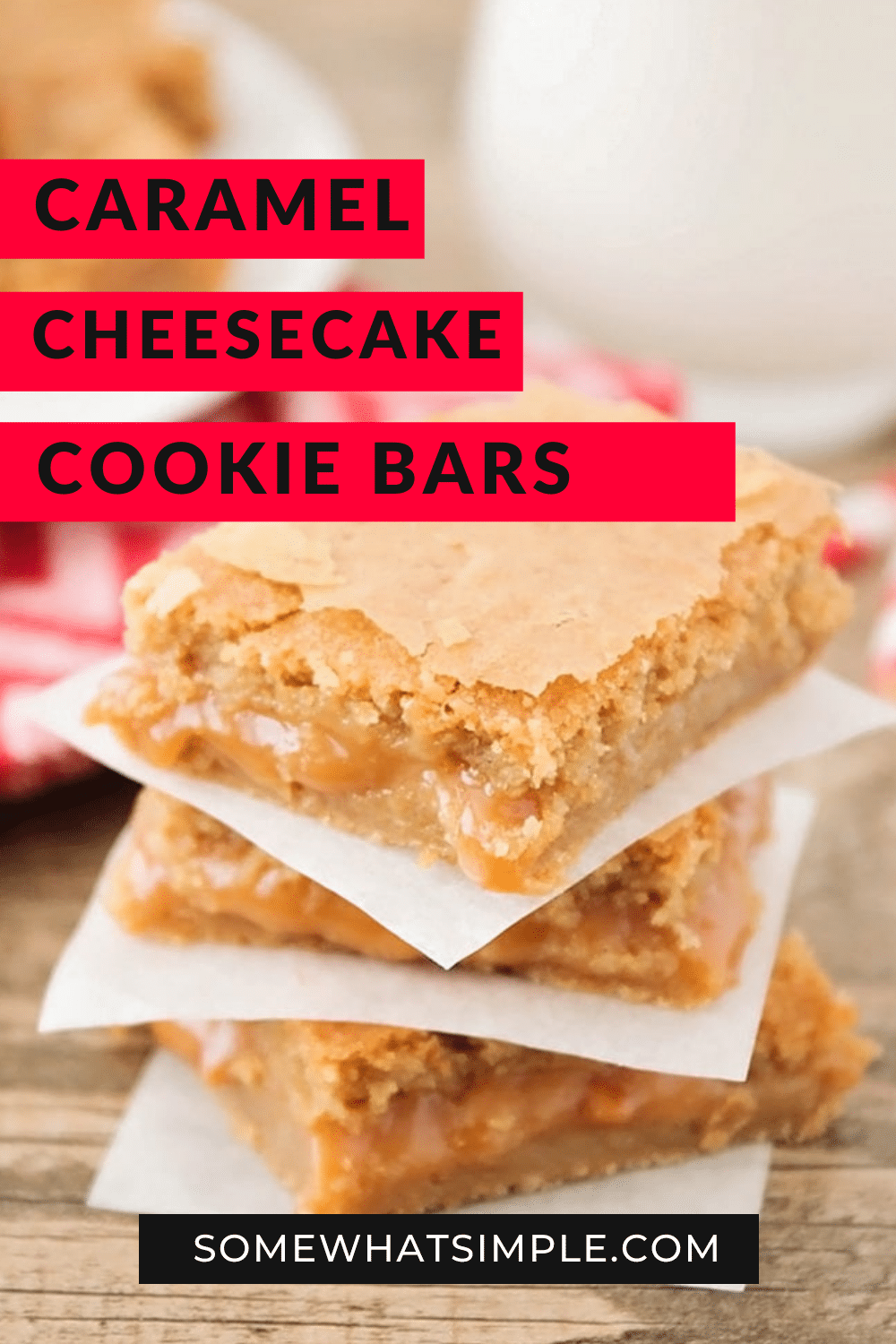 Caramel cheesecake cookie bars are a delicious salty & sweet dessert that's super easy to make! All of the delicious cheesecake flavors drizzled with caramel, all in an amazing cookie bar. This recipe is easy to make and is guaranteed to knock your socks off. via @somewhatsimple