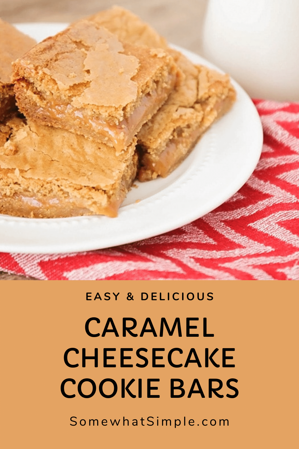 Caramel cheesecake cookie bars are a delicious salty & sweet dessert that's super easy to make! All of the delicious cheesecake flavors drizzled with caramel, all in an amazing cookie bar. This recipe is easy to make and is guaranteed to knock your socks off. via @somewhatsimple