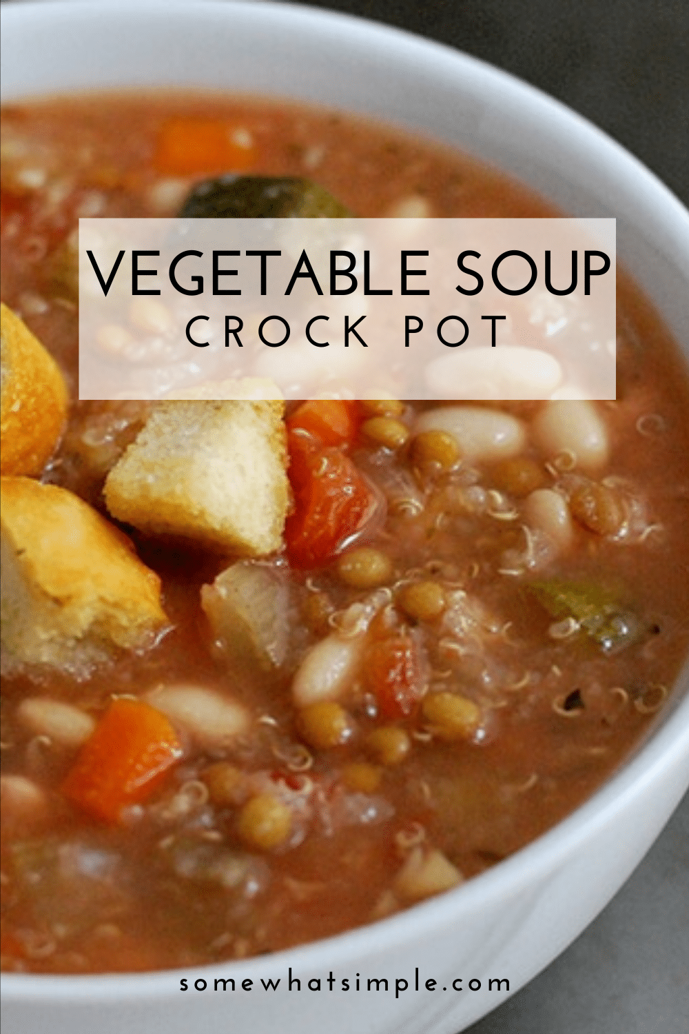 Crock pot vegetable soup is a hearty recipe that's incredibly easy to make. Loaded with your favorite vegetables, it's both healthy and delicious! Just place all of the ingredients in the slow cooker and you're all set. via @somewhatsimple