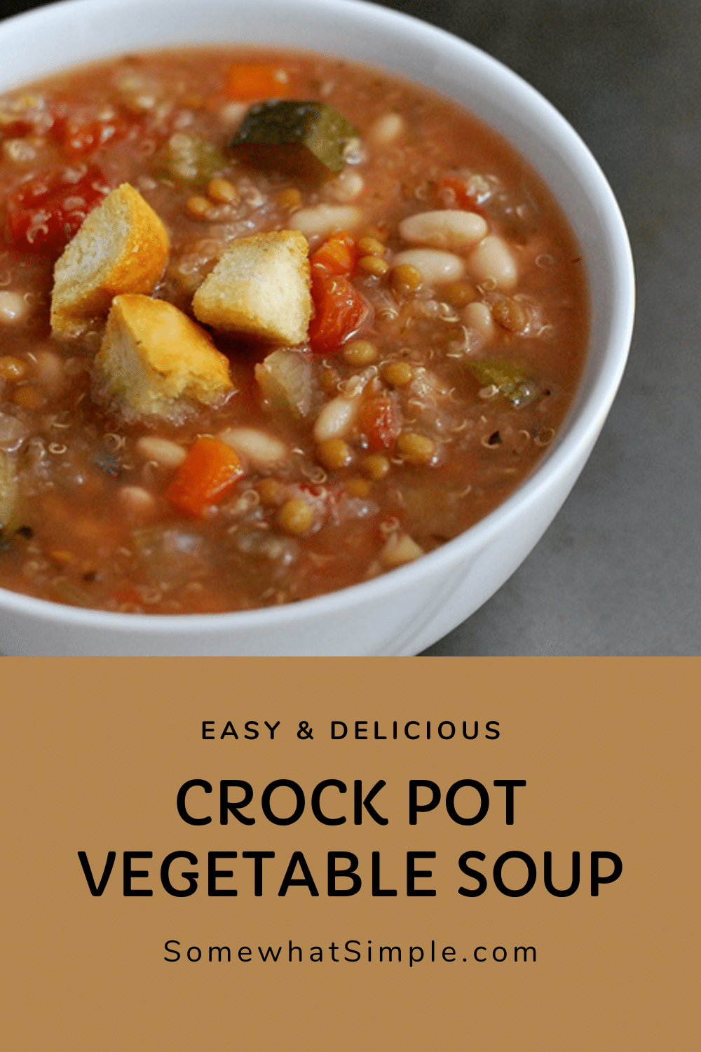 Crock pot vegetable soup is a hearty recipe that's incredibly easy to make. Loaded with your favorite vegetables, it's both healthy and delicious! Just place all of the ingredients in the slow cooker and you're all set. via @somewhatsimple