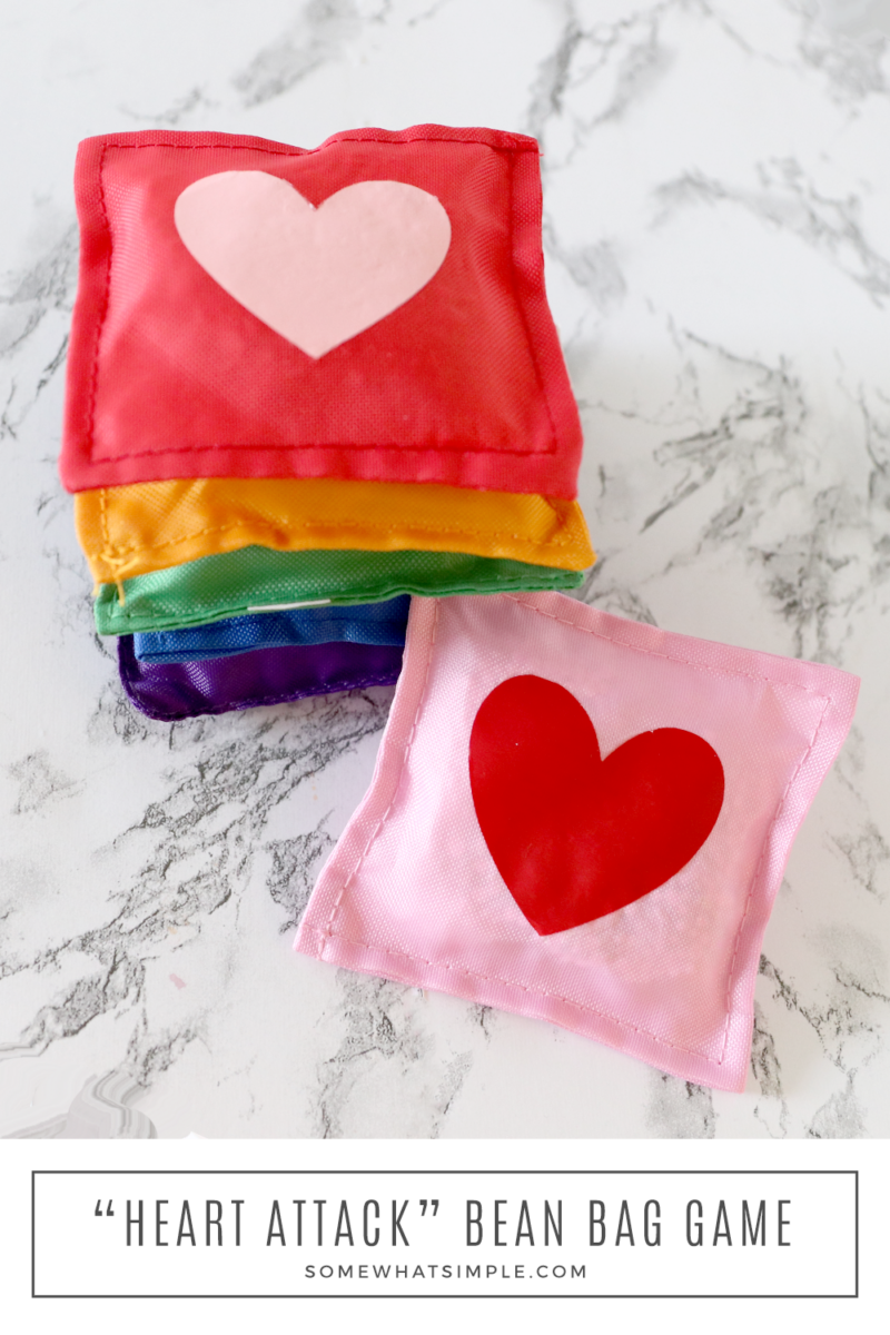 stack of rainbow bean bags with hearts on them for a fun bean bag activity