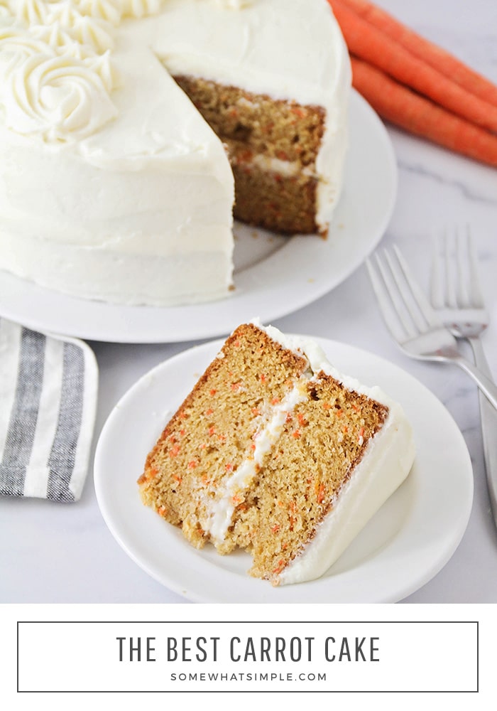 This carrot cake is moist, delicious and so easy to make! Topped with an amazing cream cheese icing, it's an incredible spring dessert! Made with fresh carrots, this cake recipe turns out soft and moist every time. It's the perfect spring dessert recipe that you can enjoy during Easter or anytime you want to enjoy those incredible flavors! via @somewhatsimple