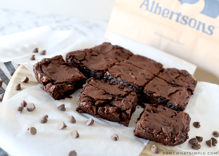 brownies cut into squares and sprinkled with chocolate chips