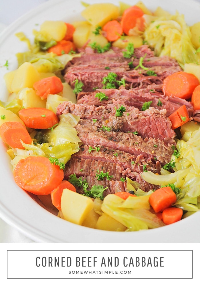 This traditional corned beef and cabbage recipe is the best you'll ever taste and is the perfect dish to serve on St. Patrick's Day. via @somewhatsimple