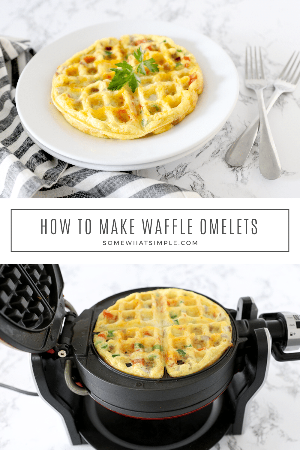 Waffle Omelets are simple to make and they taste fantastic! Kick your breakfast game up a notch with a fun new and easy way to eat your eggs! via @somewhatsimple