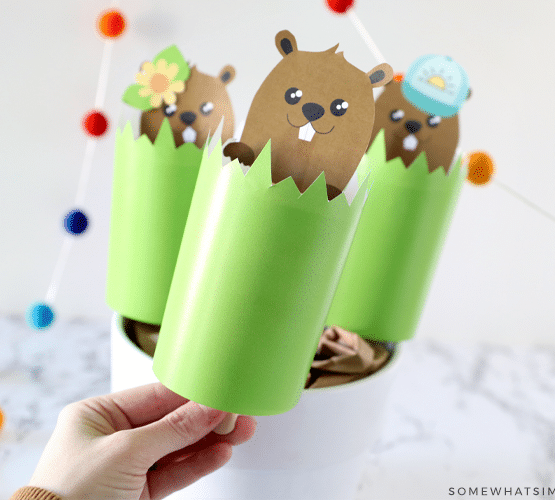 hand holding a groundhogs day puppet craft