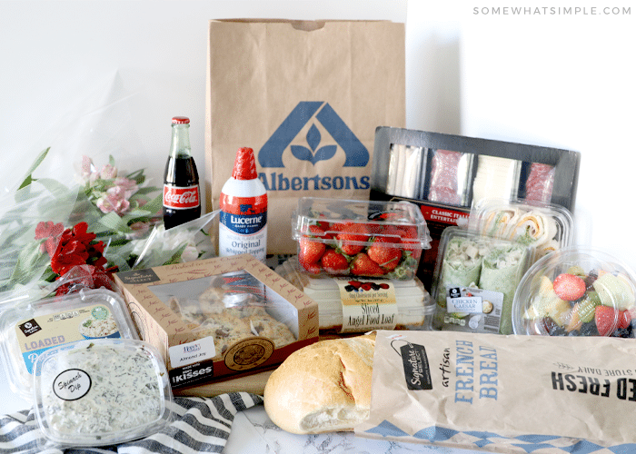 array of food on the counter from Albertson's 