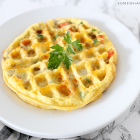 close up on an omelet cooked in a waffle iron