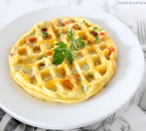 close up on an omelet cooked in a waffle iron