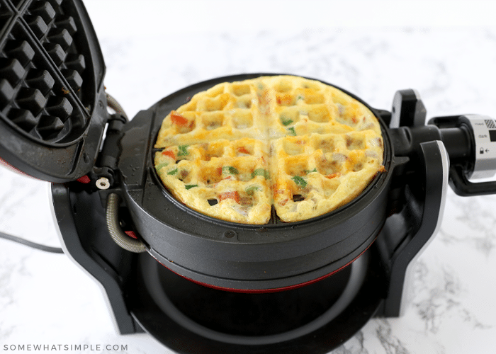 cooked omelet in a waffle iron