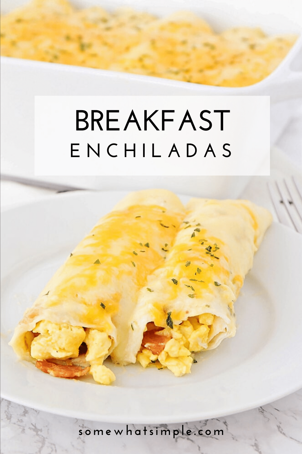 These amazing breakfast enchiladas are a fun twist on a traditional breakfast recipe! They're loaded with eggs, bacon, and cheese, and they are so delicious! The best part is that these breakfast enchiladas are that they can be frozen so you can make them ahead of time. via @somewhatsimple