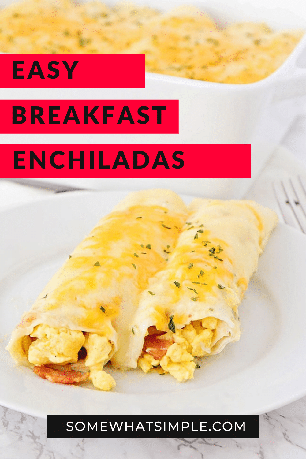 These amazing breakfast enchiladas are a fun twist on a traditional breakfast recipe! They're loaded with eggs, bacon, and cheese, and they are so delicious! The best part is that these breakfast enchiladas are that they can be frozen so you can make them ahead of time. via @somewhatsimple