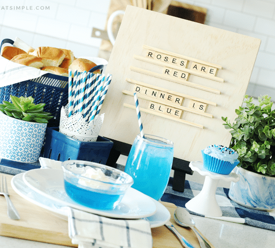 blue foods for a fun family dinner set up on the counter