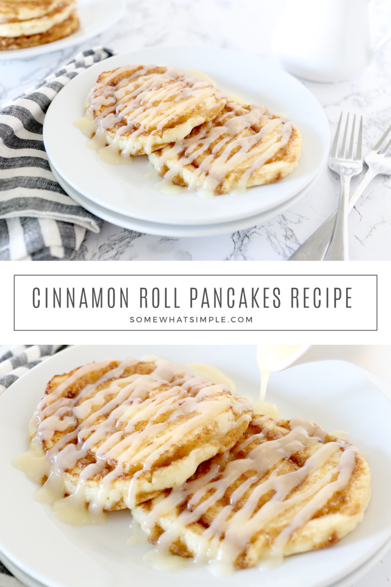 collage of cinnamon roll pancake pictures