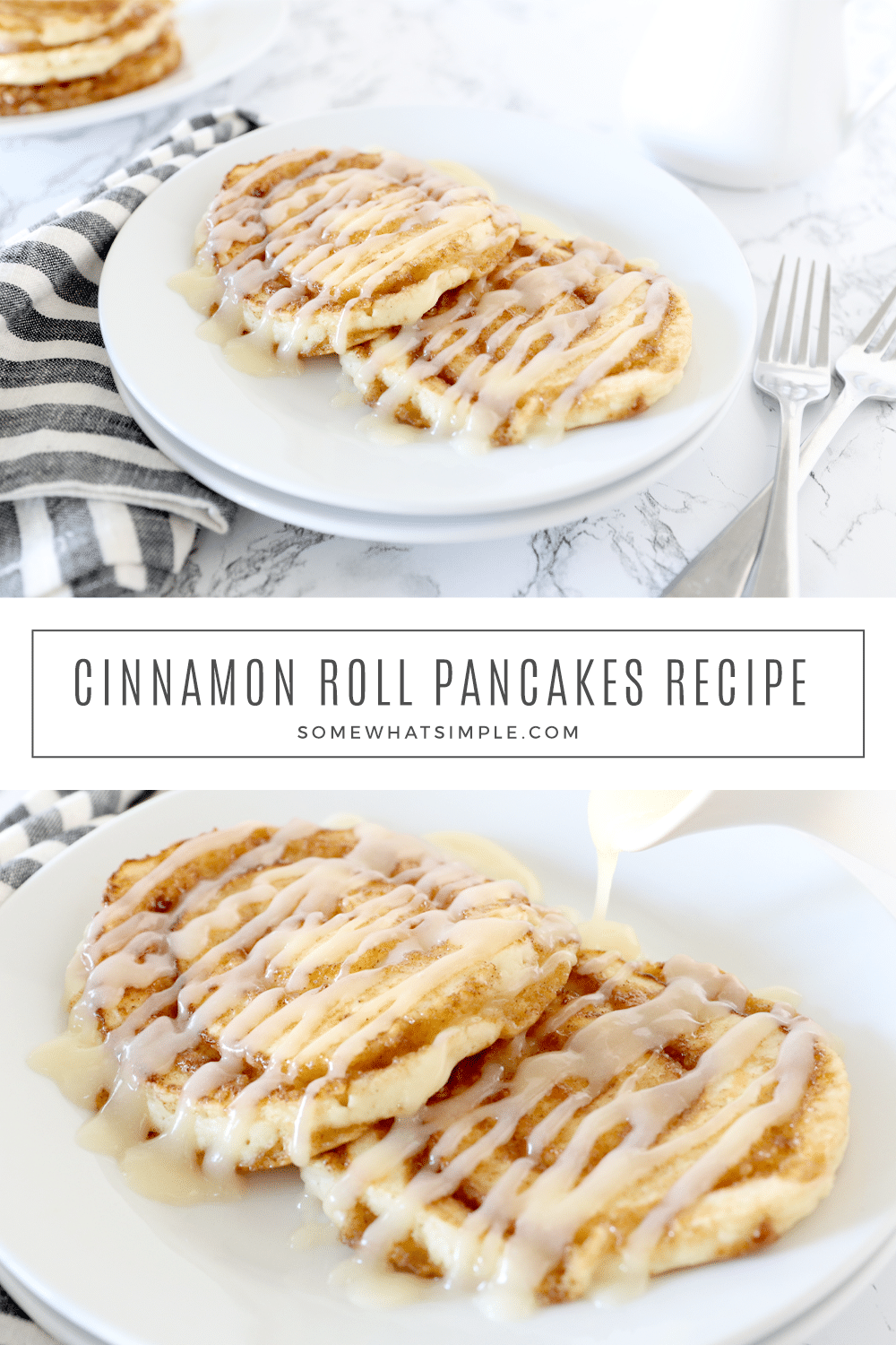 This cinnamon roll pancakes recipe with a cream cheese frosting is the perfect marriage of my two favorite breakfast foods. #food #breakfast via @somewhatsimple